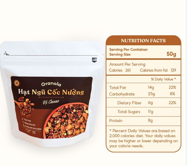 Granola nướng giòn tan - Dùng mật dừa nước, 0 trái cây sấy, GI thấp - Hạt ngũ cốc giảm cân - HeydayCacao - Vị Cacao