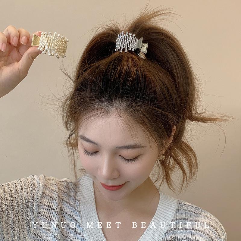 Kẹp tóc tròn đính đá và ngọc trai giả cho nữ, kẹp tóc đuôi ngựa tròn phong cách Hàn Quốc thời trang