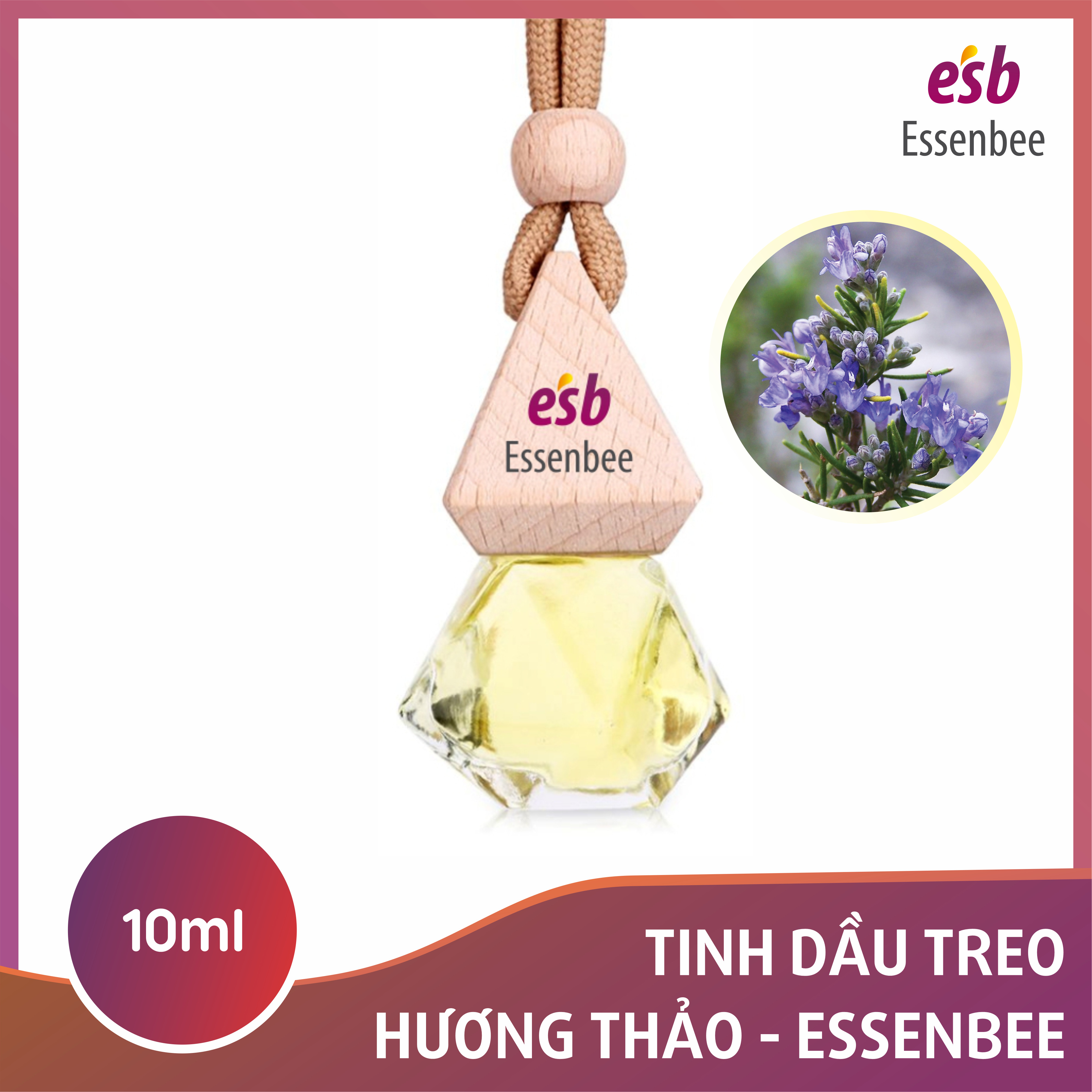 Tinh dầu treo Hương Thảo - Essenbee - 10ml. Tinh dầu thiên nhiên nguyên chất, hương thơm đậm mùi thảo mộc. Giúp thanh lọc không khí. Giảm nhức đầu say xe. Khử mùi tủ quần áo.