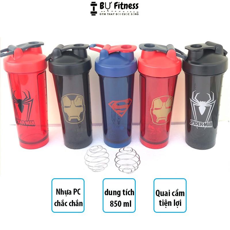 Bình lắc tập gym shaker siêu anh hùng, bình nước nhựa dung tích 850ml