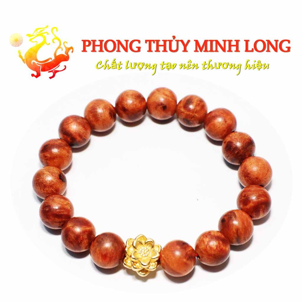 Vòng tay gỗ Nu Huyết Long mix Bông Sen Vàng