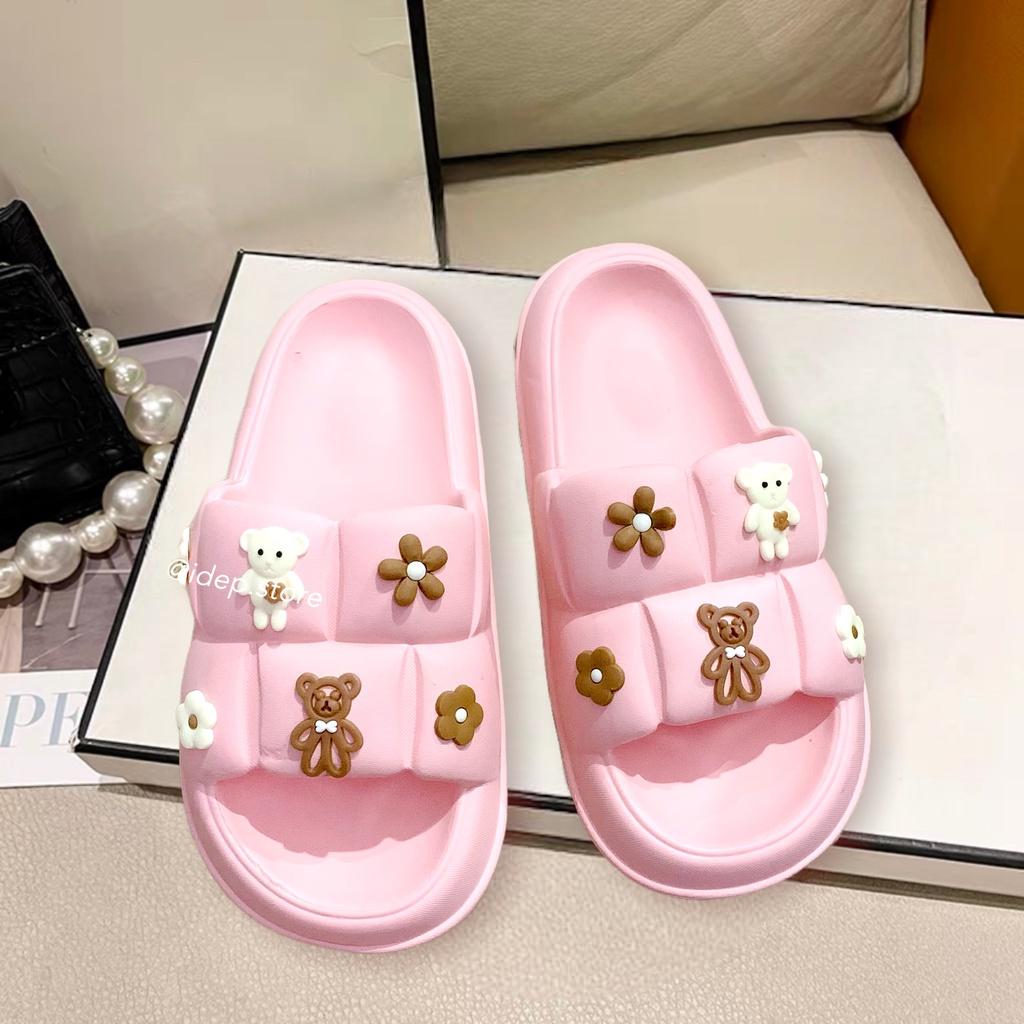 Dép Bánh mì hình vuông gắn sticker GẤU TEDDY cao 3cm nữ quai ngang chất EVA siêu nhẹ iDÉP - DL264