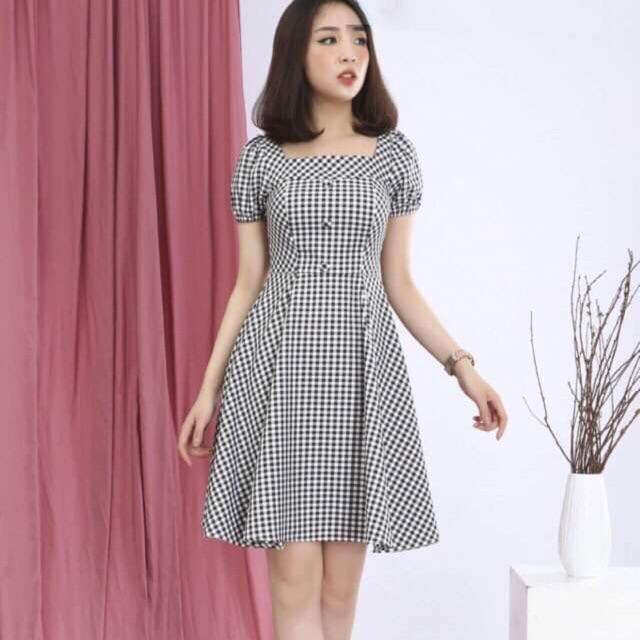 Đầm kate 7 mảnh cổ vuông, tay búp xinh lung linh