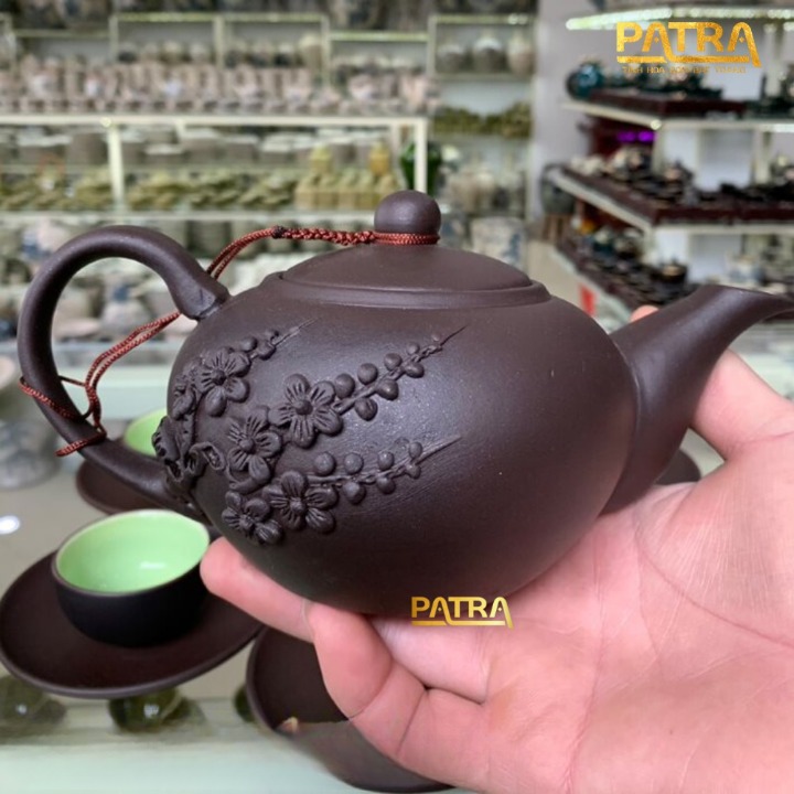 Bộ ấm chén uống trà cao cấp, bộ ấm trà Bát Tràng - trường sa hoa mai lòng chén xanh