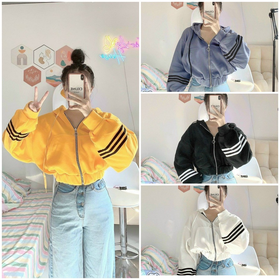 Áo Khoác Nữ Croptop Bomber Vải Nỉ Ngoại Bo Sọc Tay - Kiểu Lửng Siêu Xinh - Chống Nắng