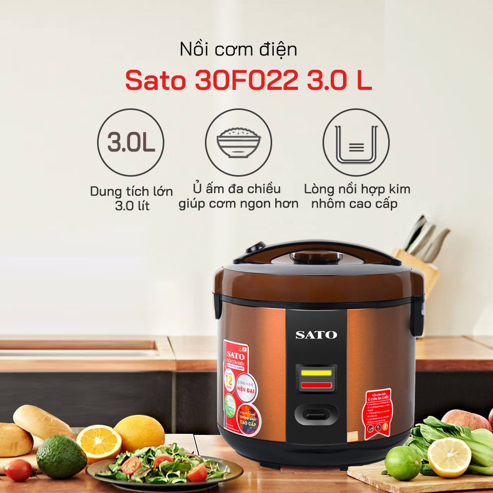 Nồi Cơm Điện SATO 30S022 3.0L - Thiết kế nắp gài chắc chắn, hệ thống chống tràn tốt, nút điều khiển đơn giản, tiện dụng - Miễn phí vận chuyển toàn quốc - Hàng chính hãng