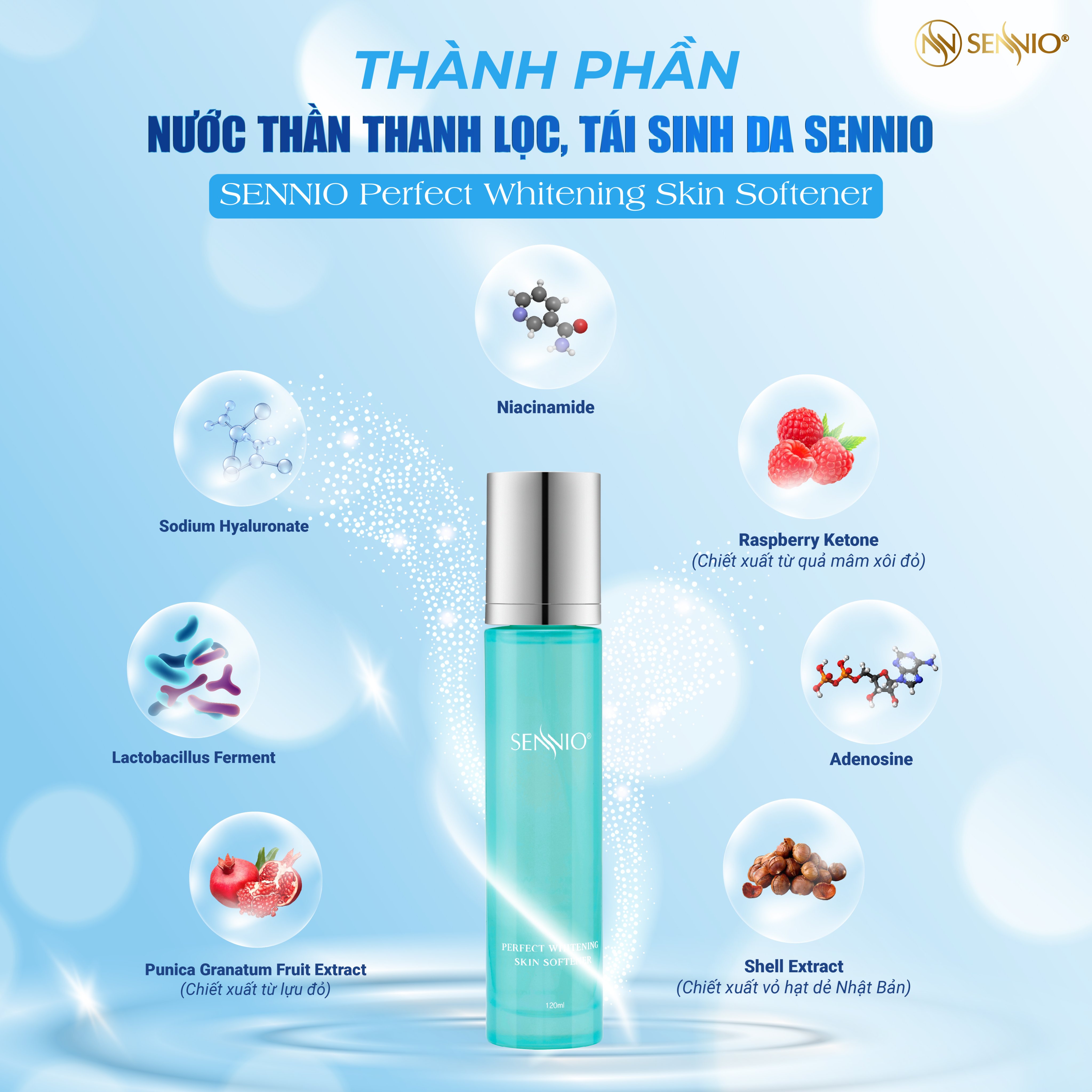 Nước hoa hồng se khít lỗ chân lông SennioPerfect Whitening Skin Softner cấp ẩm tái tạo và phục hồi da 120ml SNO 827