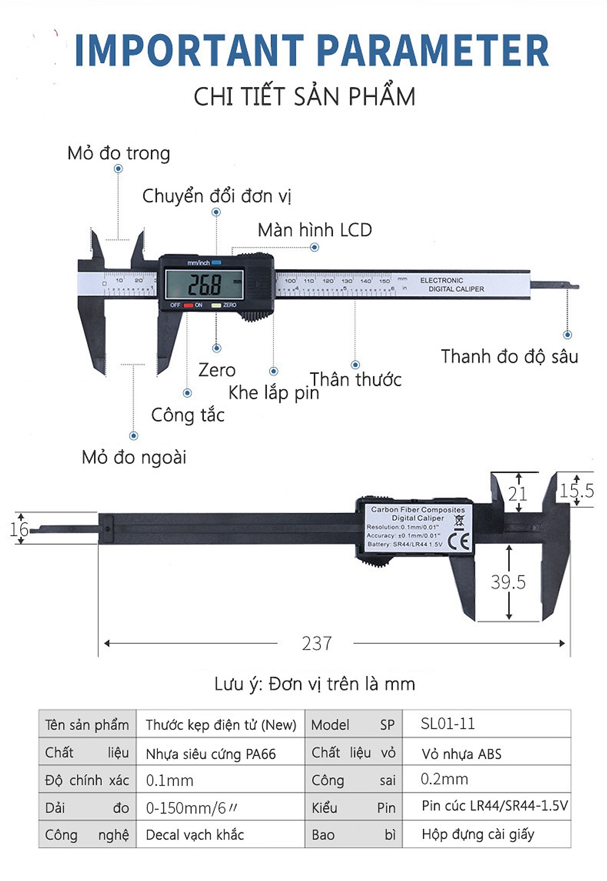 Thước kẹp cơ khí điện tử Hàng hộp cao cấp sản phẩm tặng pin