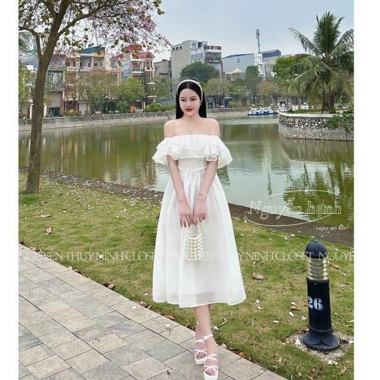 Đầm voan xoè trễ vai phối bèo 2 lớp