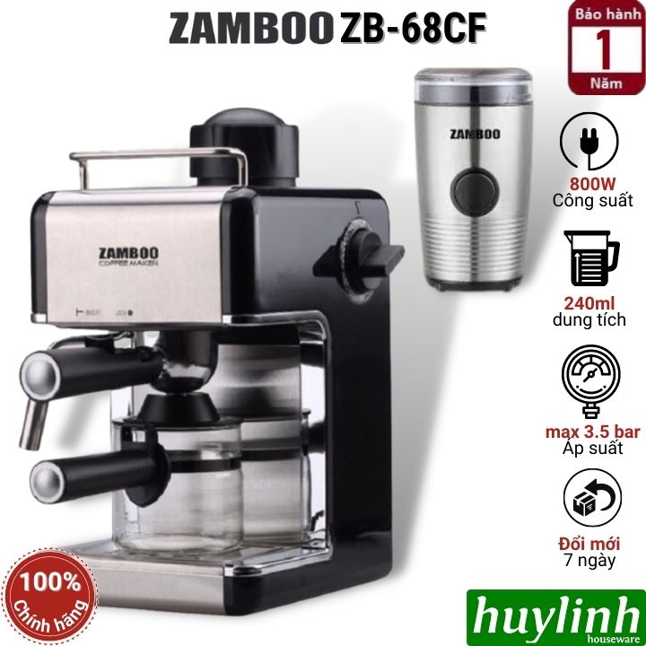 Combo Máy pha cà phê Espresso Zamboo ZB-68CF+ Máy xay ZB-100GR- Hàng chính hãng