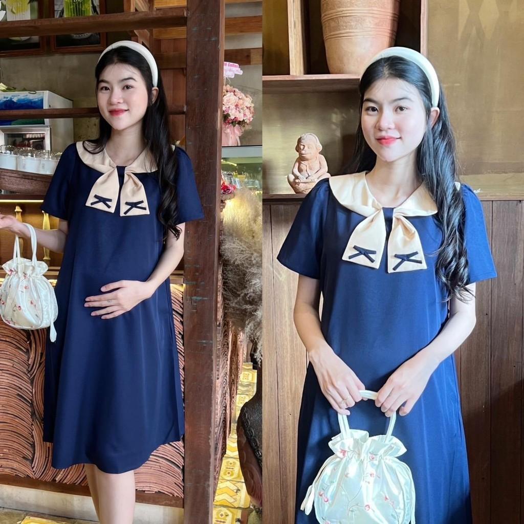 Đầm bầu cotton lạnh phối cổ thắt nơ phom suông gọn dáng, thanh lịch, dễ thương - Xanh đen