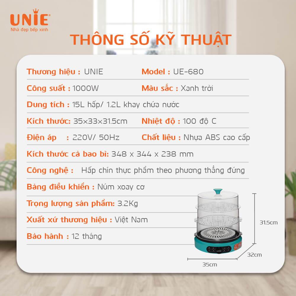 Nồi Hấp Điện 3 Tầng UNIE UE680, 15Lit - 1000w, Hấp Siêu Nhiệt Đa Chiều, Hàng Chính Hãng