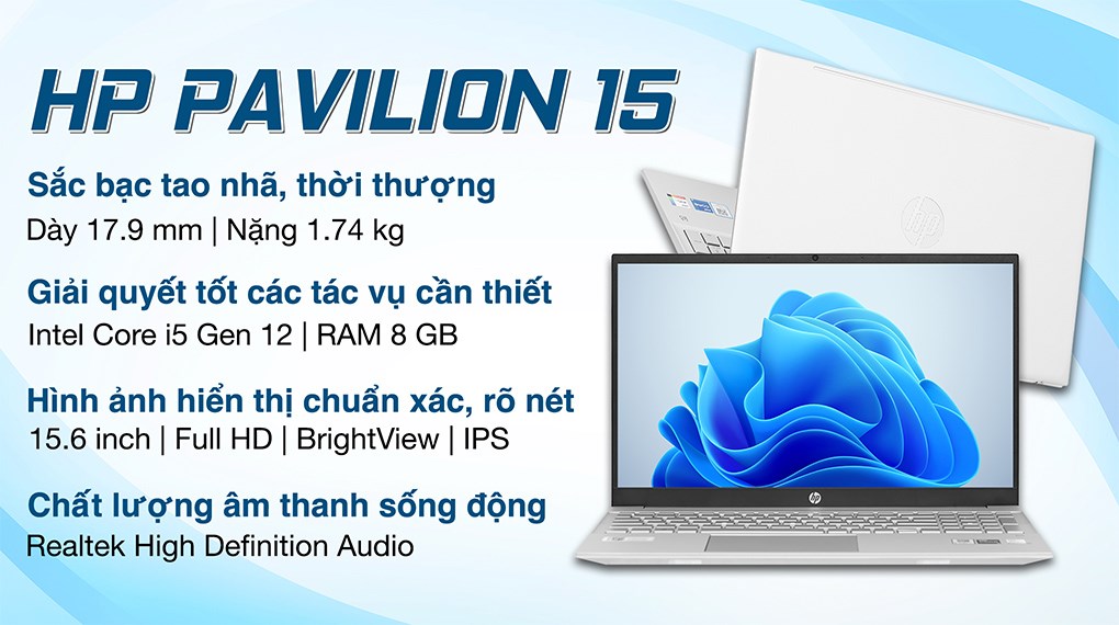 Máy Tính Xách Tay Laptop HP Pavilion 15-eg2036TX Vỏ Nhôm Bạc (intel core i5-1235U, 8GB Ram, 512GB SSD M2, 15.6&quot; FHD, VGA Nvidia MX550 2G, Win 11) - Hàng Chính Hãng