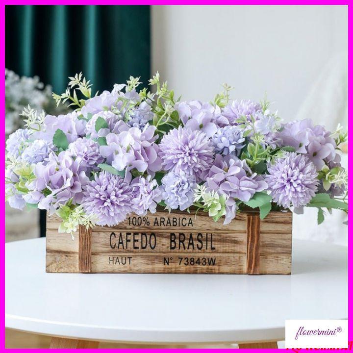 Hoa lụa, giỏ hoa bồ công anh mix cẩm tú cầu màu cực tây decor kệ tủ, phòng khách, văn phòng làm việc GH-12