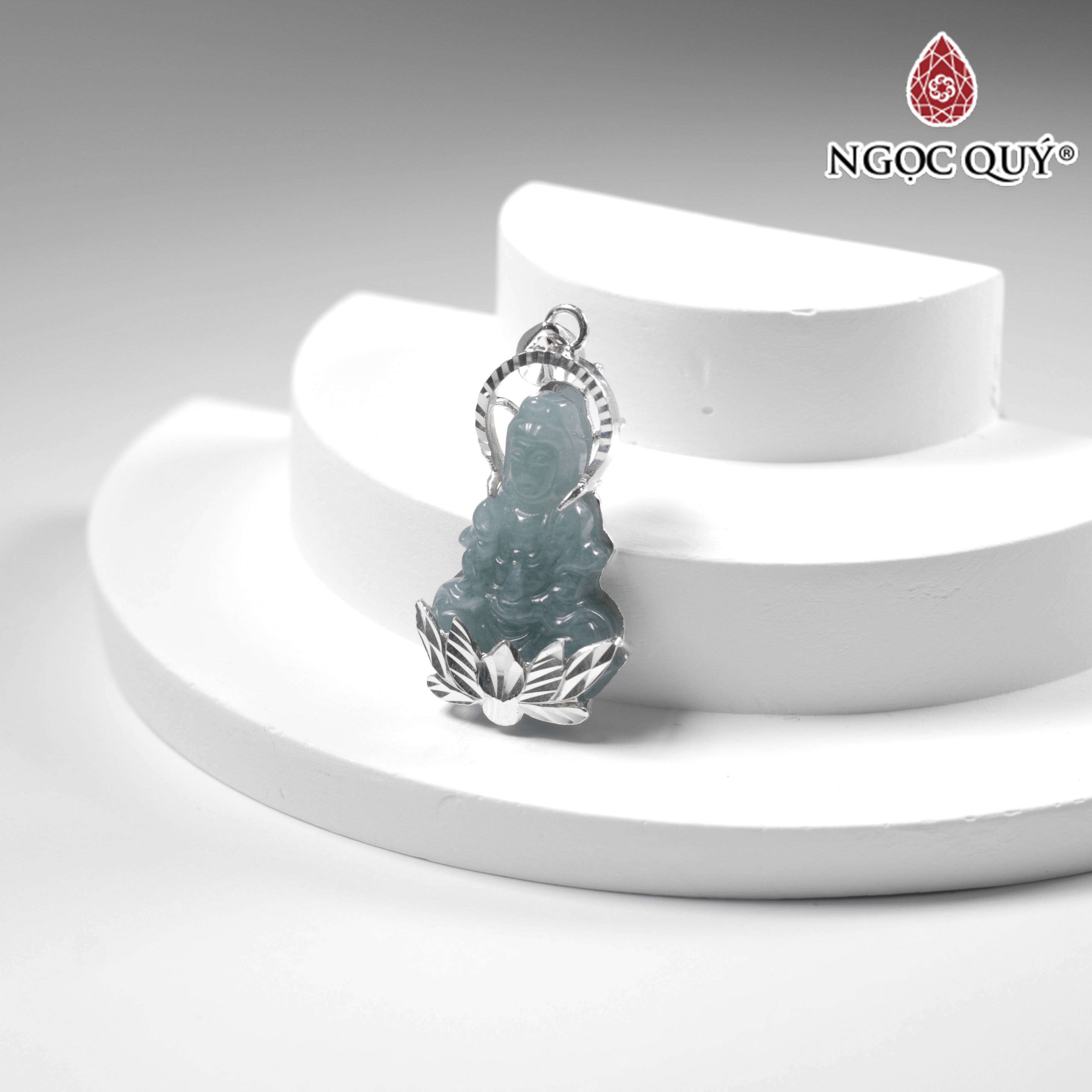 Mặt dây chuyền Phật Bà đá Lam ngọc type A bọc bạc 33x19mm mệnh thủy mộc - Ngọc Qúy Gemstones