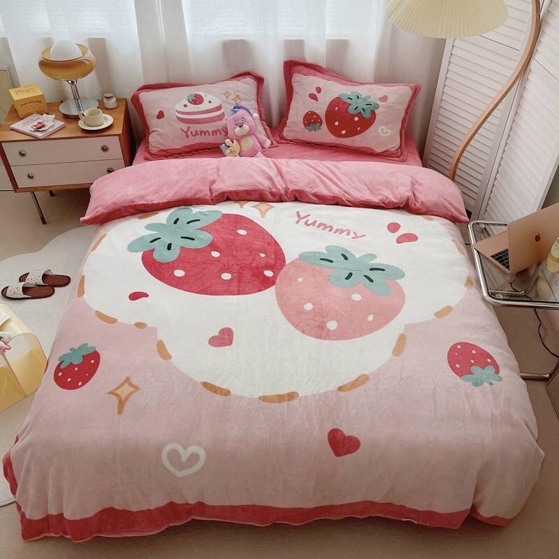 Bộ Chăn Ga Gối Đệm Cute, Chăn Ga Nỉ Nhung, Bộ Chăn Mền Ga Gối Nỉ Nhung Cao Cấp Siêu Mềm Mịn