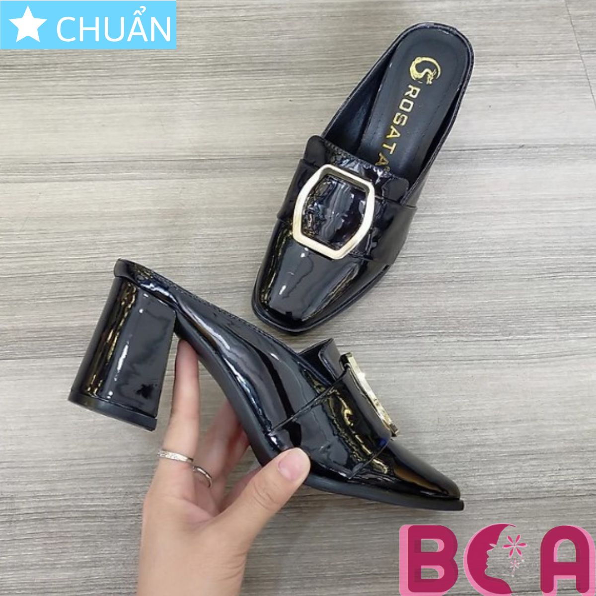 Giày sục nữ 7p RO335 ROSATA tại BCASHOP màu đen mũi vuông có đính nơ kim loại lục giác kiểu tổ ong độc lạ và thời thượng