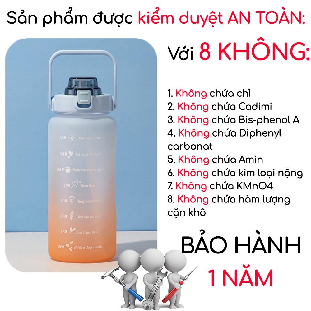 BÌNH NƯỚC 2 LÍT Chia Vạch Báo Giờ Uống Nước Dễ Thương Cute Thể Thao Có Ống Hút - Tặng Kèm Sticker Dán