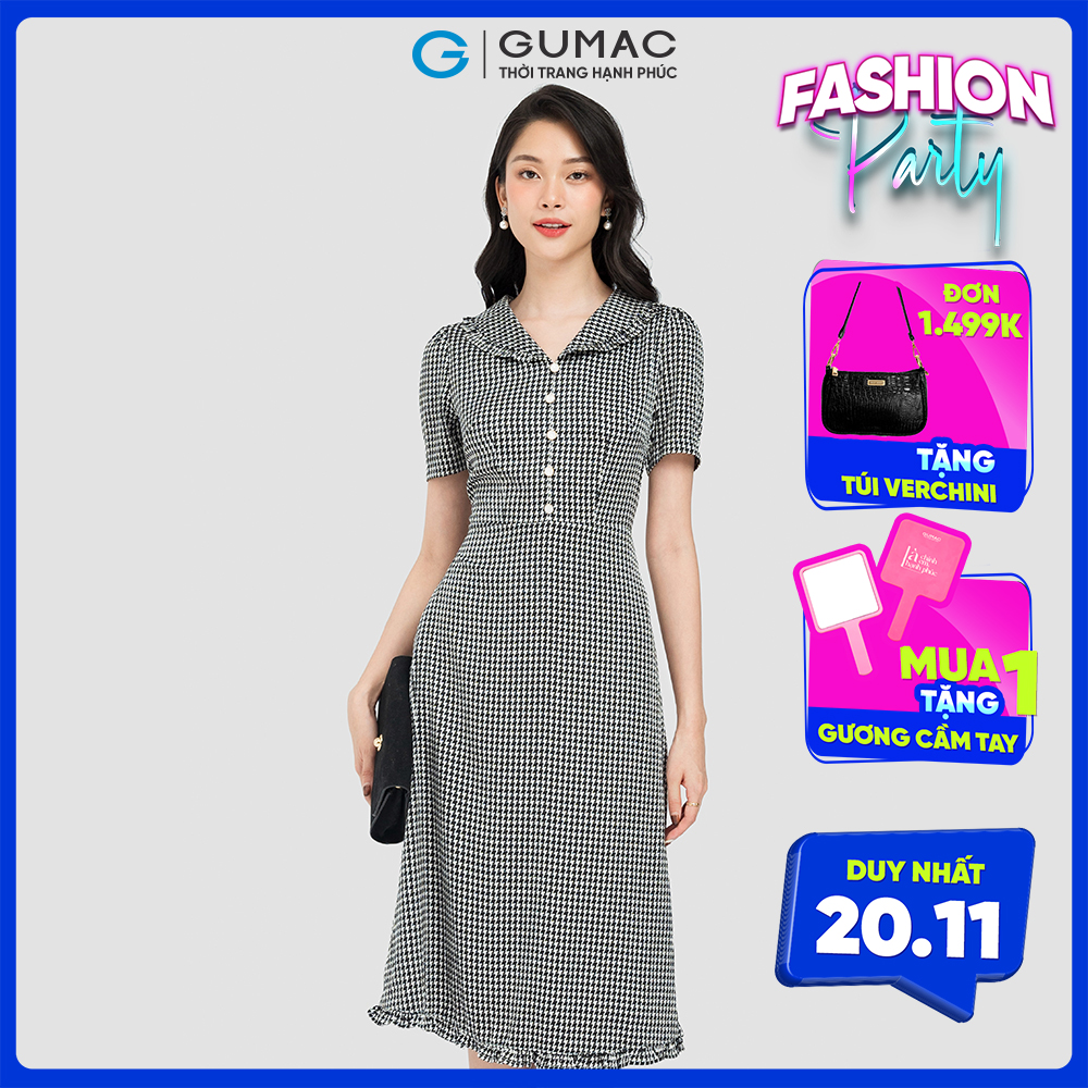Đầm cổ viền bèo GUMAC DC08108 vải lụa satin đầm form A tay ngắn viền bèo màu đen
