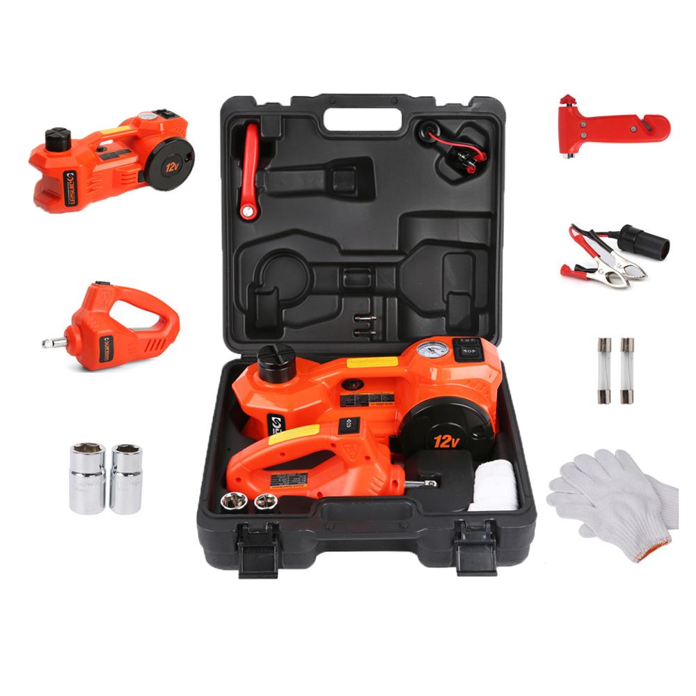 Bộ kích thủy lực nâng ô tô 3 trong 1: Kích thủy lực điện, Bơm, Cờ lê, găng tay, búa phá kính
