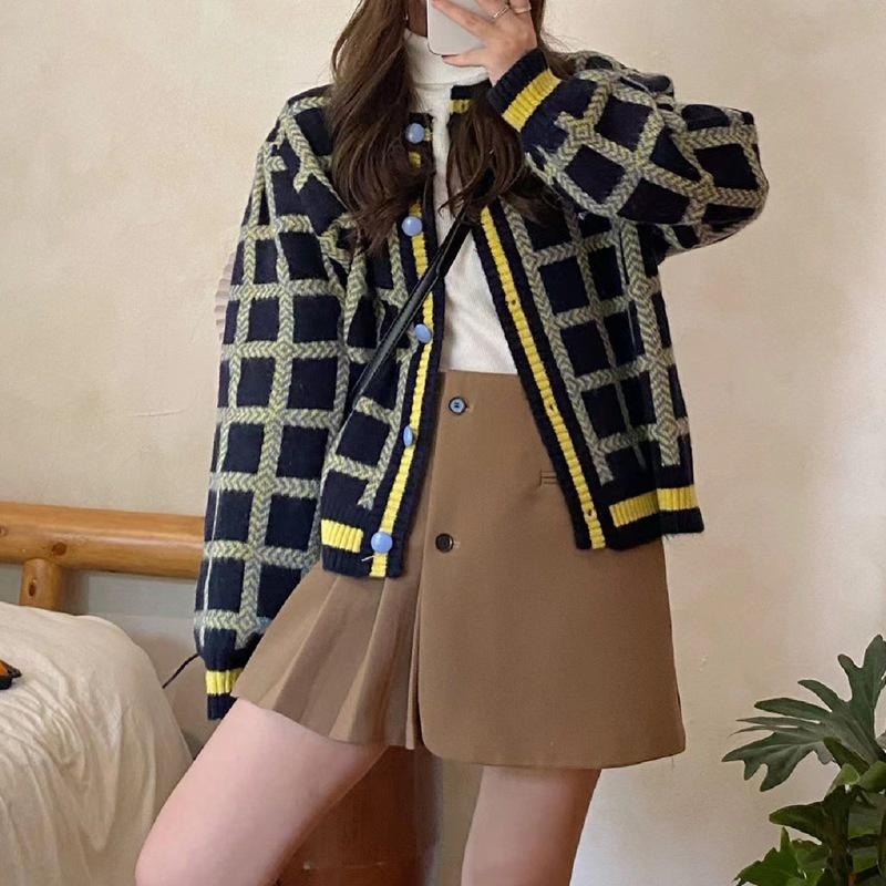 Áo khoác len cardigan nữ cổ tròn dài tay hoạt tiết caro kẻ vuông basic retro kiểu Hàn Quốc Quảng Châu chất đẹp D-6