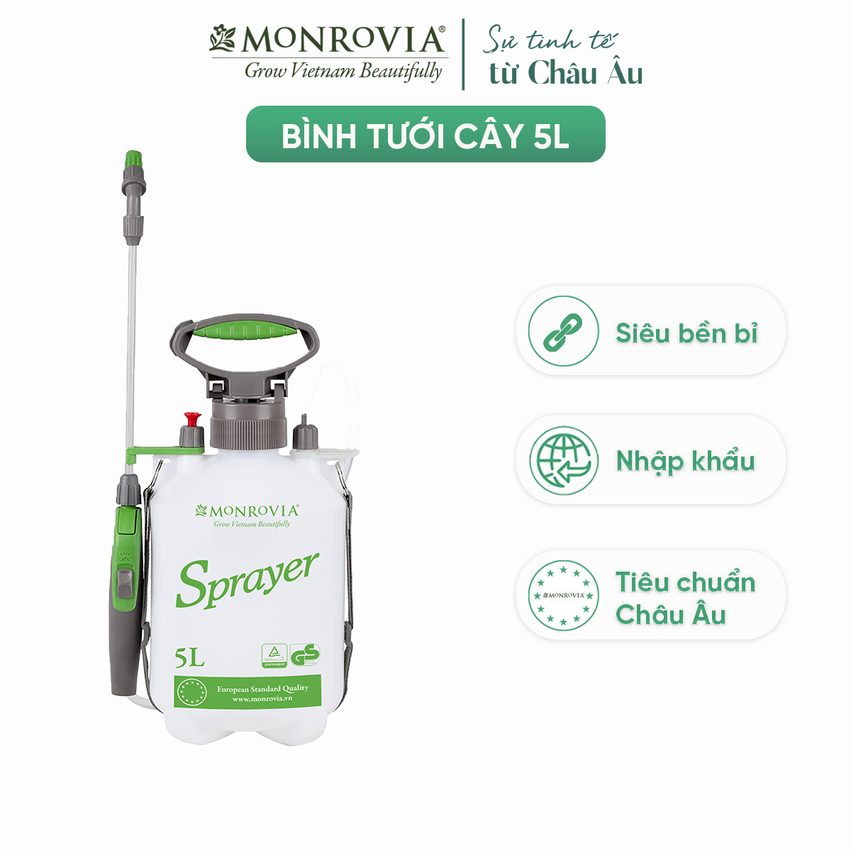 Bình tưới cây 5 lít Monrovia, phun hai chế độ, áp suất lớn tiêu chuẩn Châu Âu