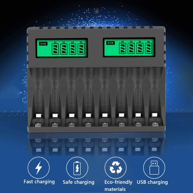 Bộ sạc pin AA/AAA 8 Slots USB Type-C 5V 2A sạc nhanh sạc sạc pin lithium với màn hình LCD Màu sắc: màu đen