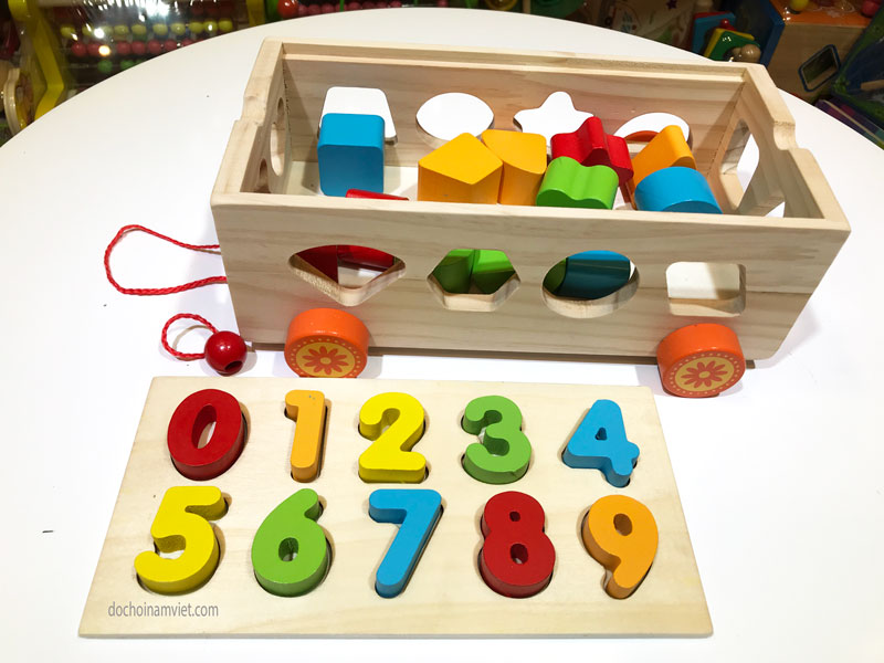 Đồ chơi xe kéo thả hình khối và số cho bé vui học bằng gỗ