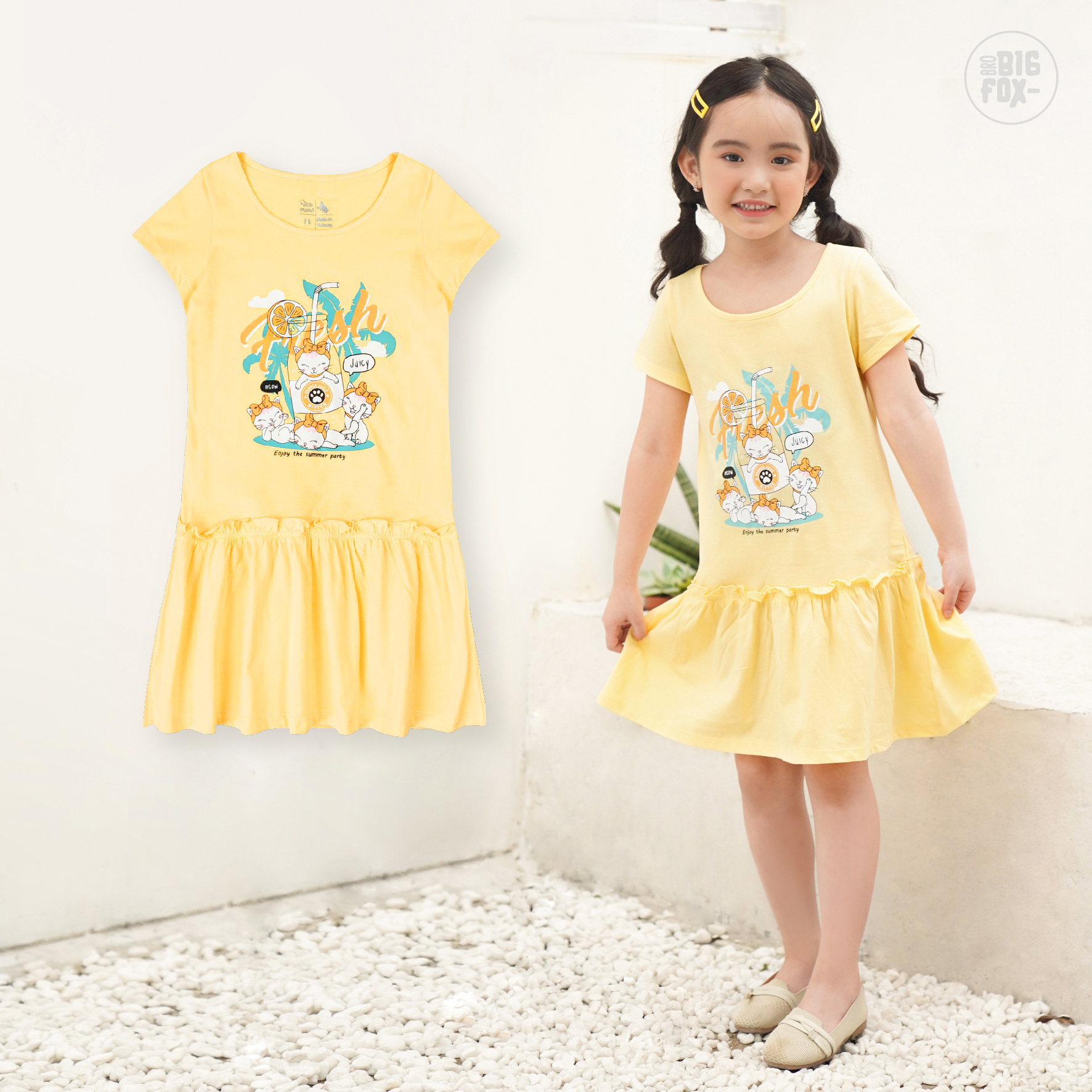 Đầm Cho Bé Gái Miss Meow Tới Size Đại. Váy Cotton Thun Hè Trẻ Em In Hình Mèo 3-11