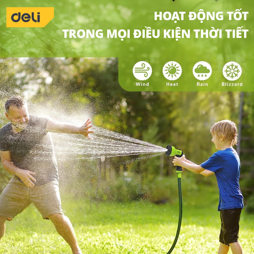Bộ vòi nước tưới cây, rửa xe đa năng Deli dây dài 10m - Tặng kèm bộ phụ kiện đầu nối đa năng