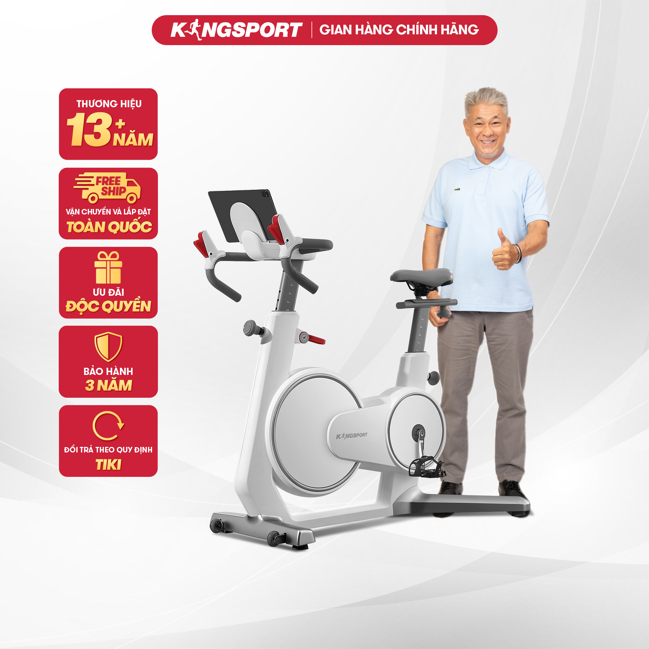 Xe đạp tập thể dục tại nhà Kingsport BK-5813 tải trọng tối đa 120kg, tích hợp khay đỡ điện thoại, kèm theo đồng hồ thông minh đo các thông số khi tập luyện