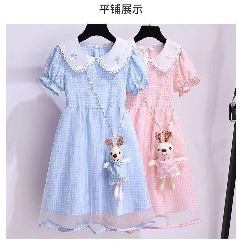 CHENGRUI Cô gái mùa hè ngắn tay áo đầm 2022 Trẻ em màu hồng cô gái búp bê cổ kẻ sọc váy công chúa mùa hè