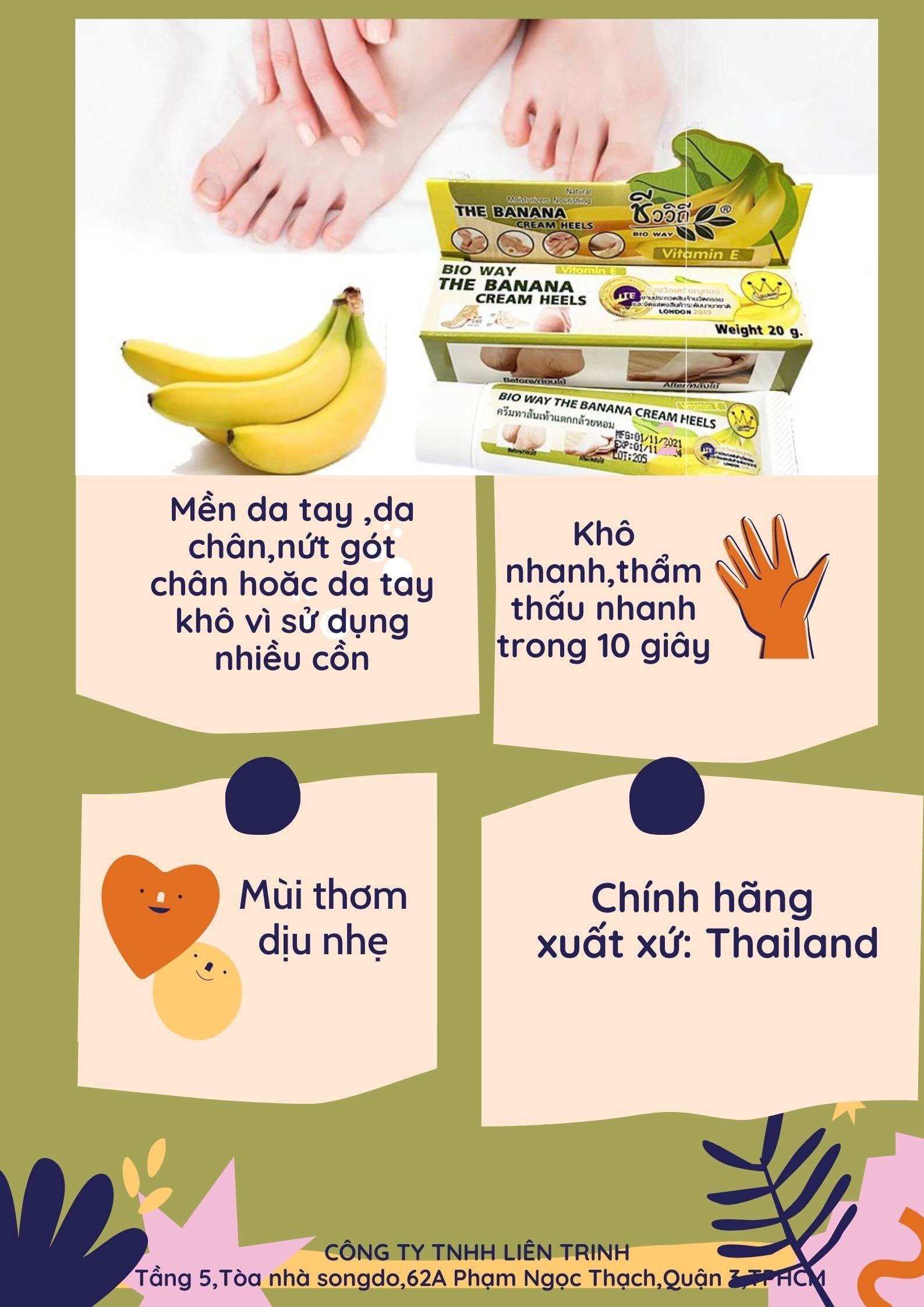 Kem chuối dưỡng da tay và nứt gót chân BIO WAY THE BANANA CREAM HELLS - Thailan