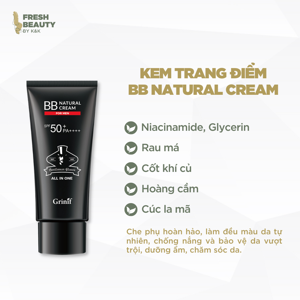 Kem che khuyết điểm chống nắng không lộ vân, dưỡng trắng da, giảm nhăn cho nam giới Grinif Natural BB Cream for Men 50g