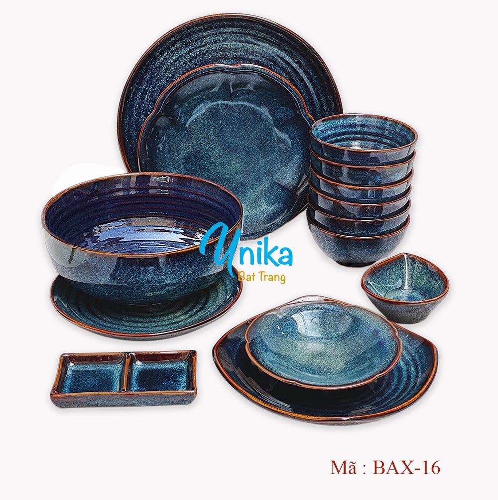 Bộ đồ ăn men xanh sóng biển BAX-16 - Dinnnerware Set - Bộ chén đĩa Bát Tràng Cao Cấp