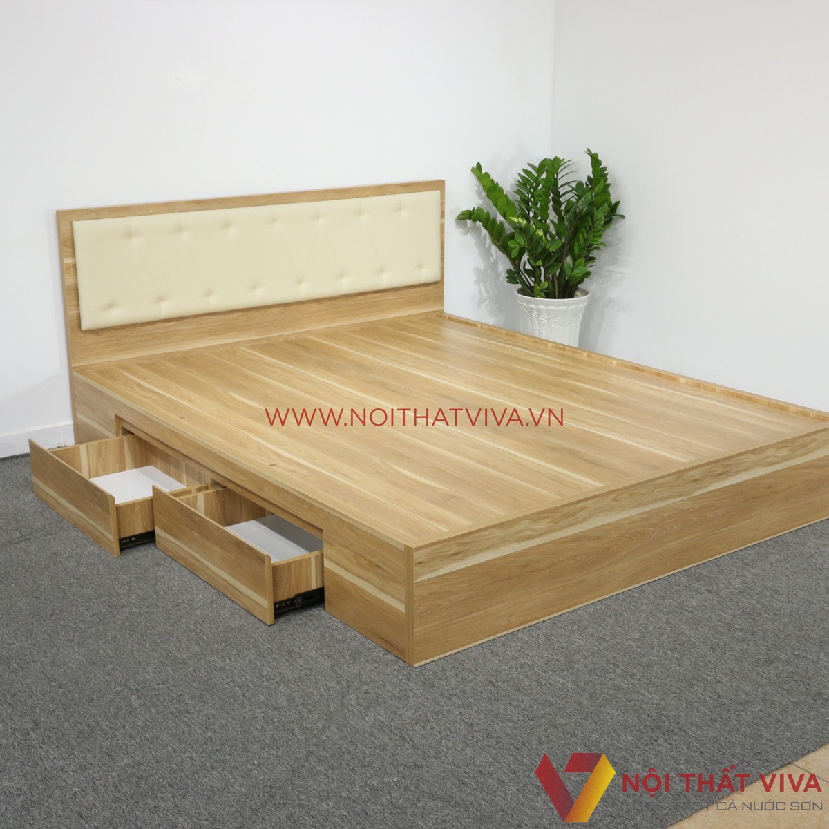 Giường Ngủ Gỗ MDF Melamine Vân Gỗ Vàng Sọc Có Hộc Kéo + Đầu Nệm Kem Đẹp