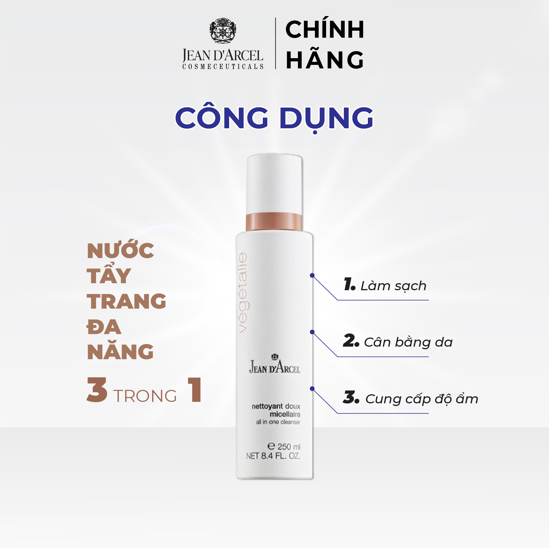 J145 Nước tẩy trang dịu nhẹ 3 trong 1 Vegetalie - All In One Cleanser 250ml - Jean d'Arcel