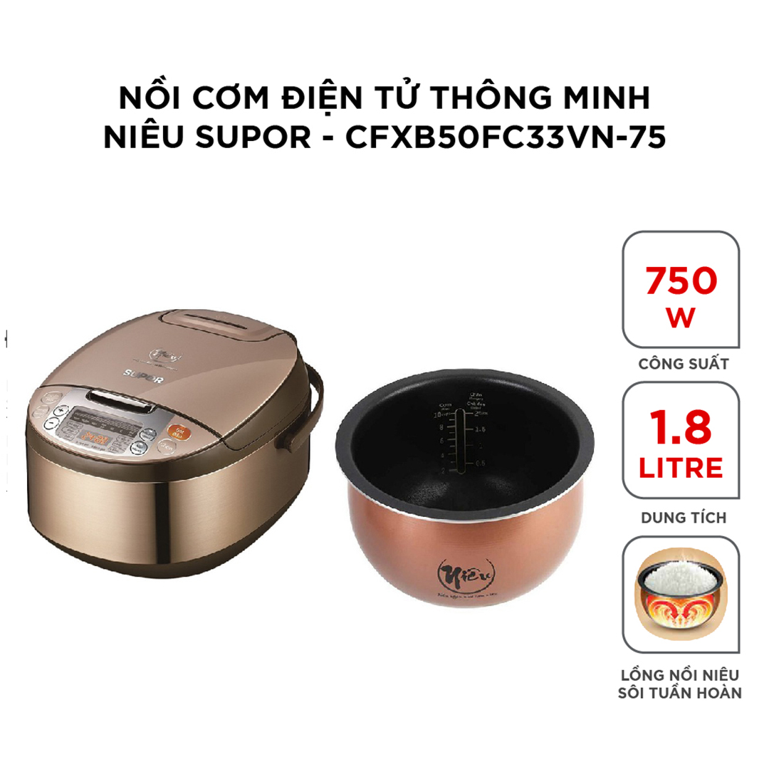 ( HÀNG CHÍNH HÃNG) Nồi cơm điện tử thông minh niêu E-Spherical Supor CFXB50FC33VN-75 - 1.8L, 750W