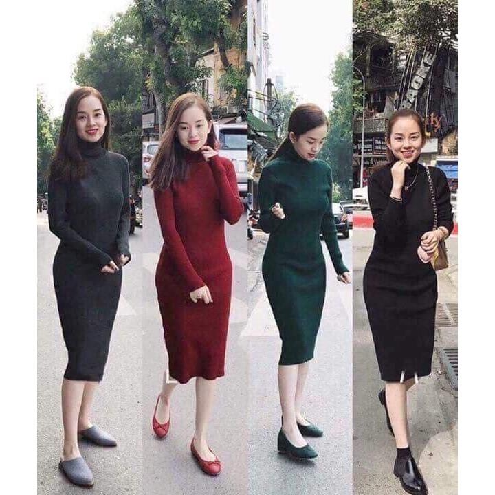 VÁY LEN CỔ LỌ DÁNG DÀI CHẤT LEN ĐANH MỊN ĐỦ 4 MÀU