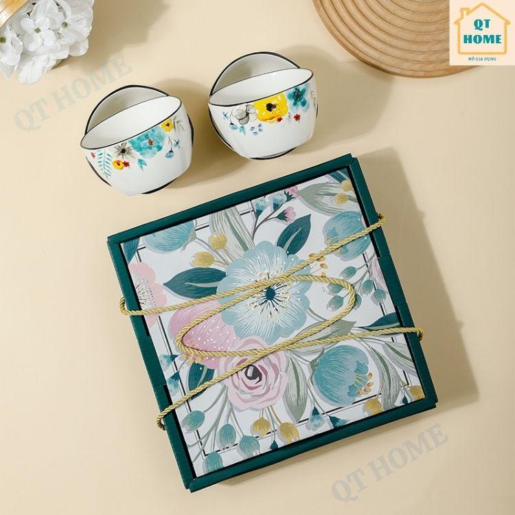 Bộ 4 Chén Sứ, Bát Sứ Hộp Quà Tặng, Họa Tiết Bông Hoa