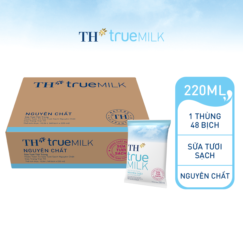 Thùng 48 bịch sữa tươi sạch nguyên chất TH True Milk bịch giấy 220ml (220ml x 48)