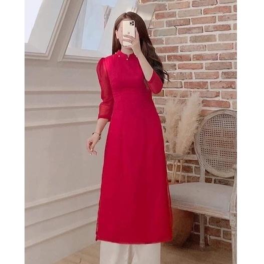 Áo Dài Nữ, Áo Dài Cách Tân Cổ Ngọc Tay Bồng 4 Tà Đơn Giản Điẹu Đà