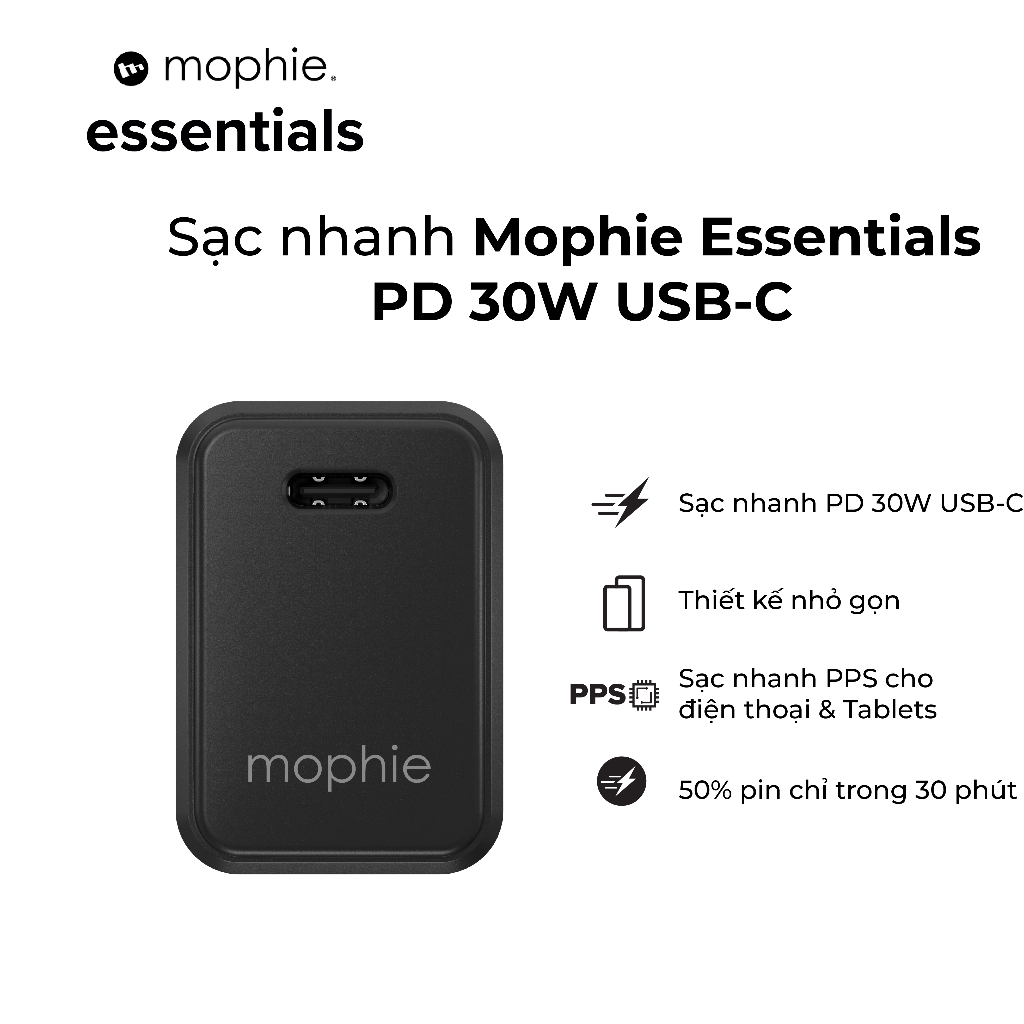 Sạc mophie Essentials PD 30W cổng A và C dành cho iP/nhà táo/Android - Hàng chính hãng