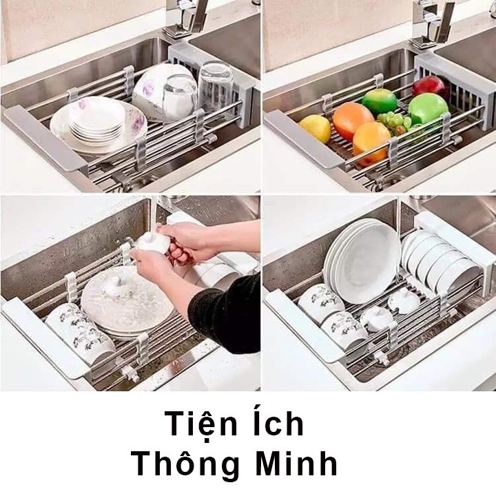 Rổ inox rút gọn - Khay inox gác bồn rửa tiện dụng HBH