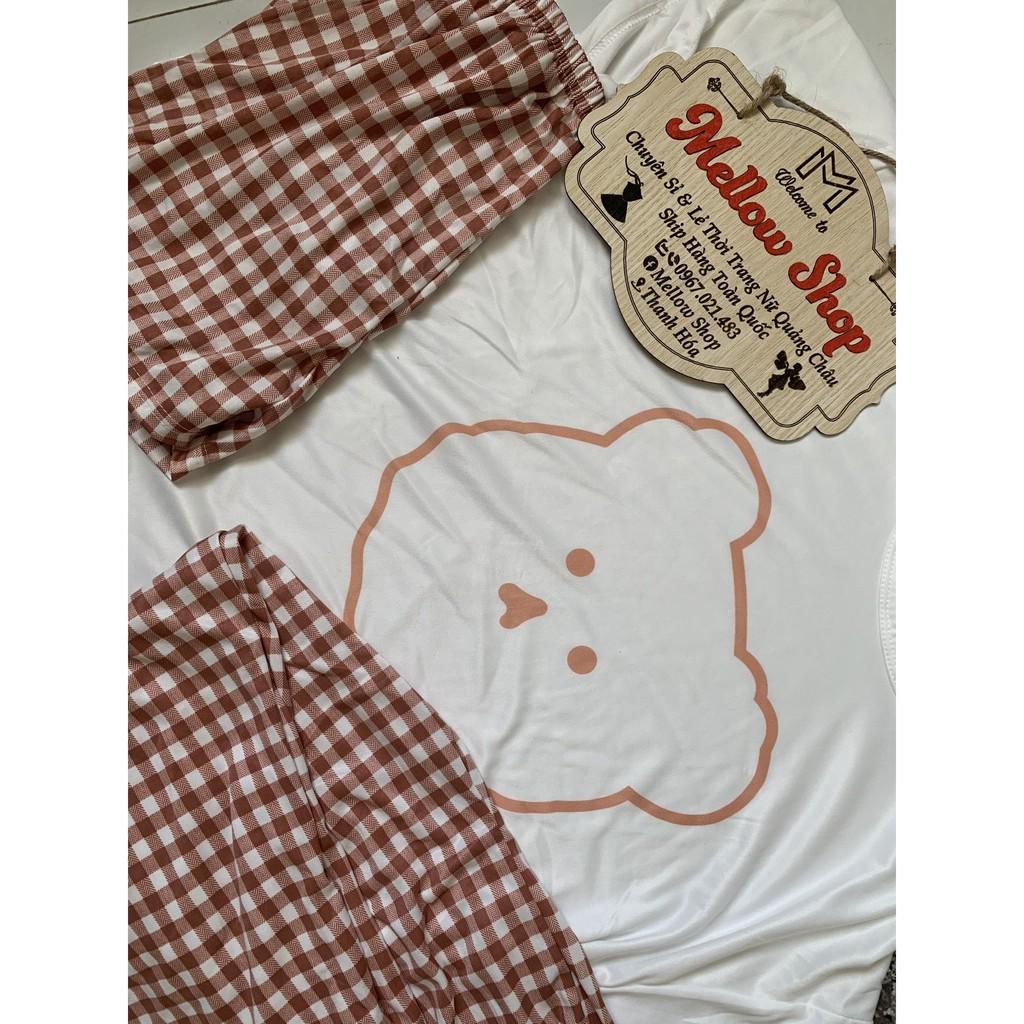 Bộ đồ ngủ, đồ ngủ nữ 3 chi tiết viền gấu hồng pijama thun sữa cotton hàng Quảng Châu siêu đẹp