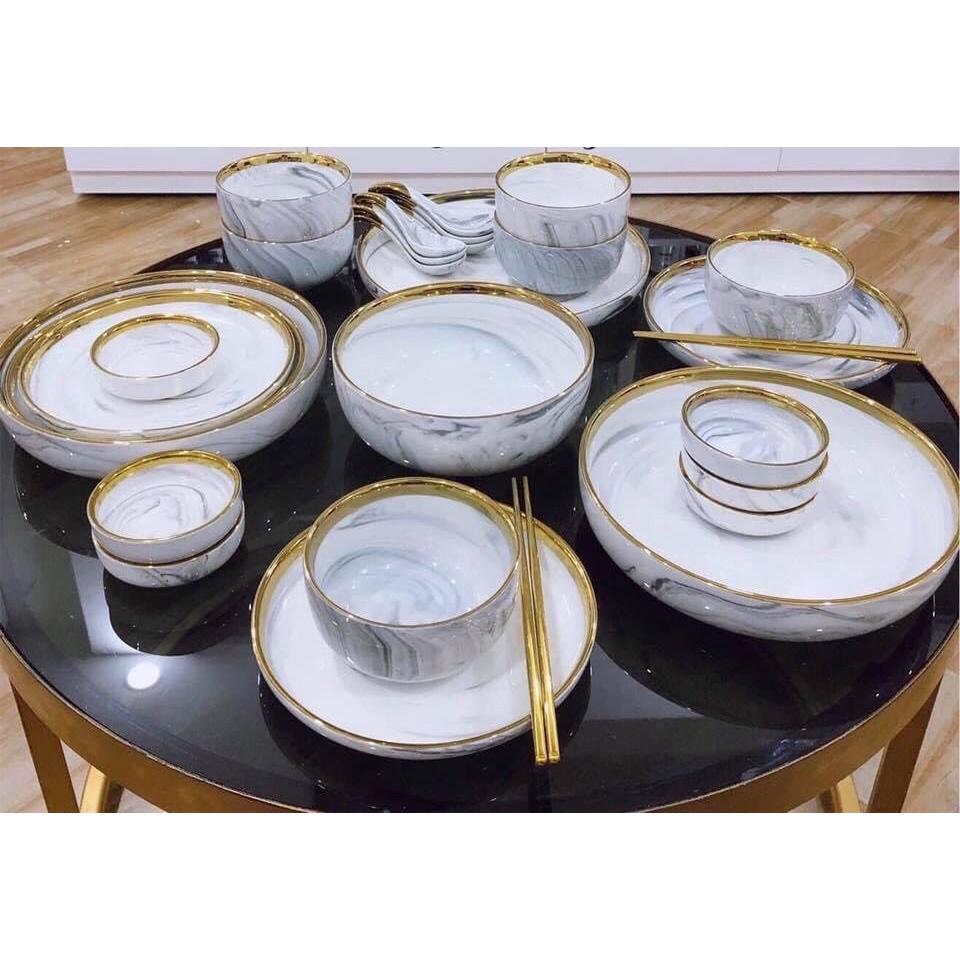 Set bát đĩa 26 món. bộ bát đĩa 26 món màu ghi vân đá. viền vàng sang trọng