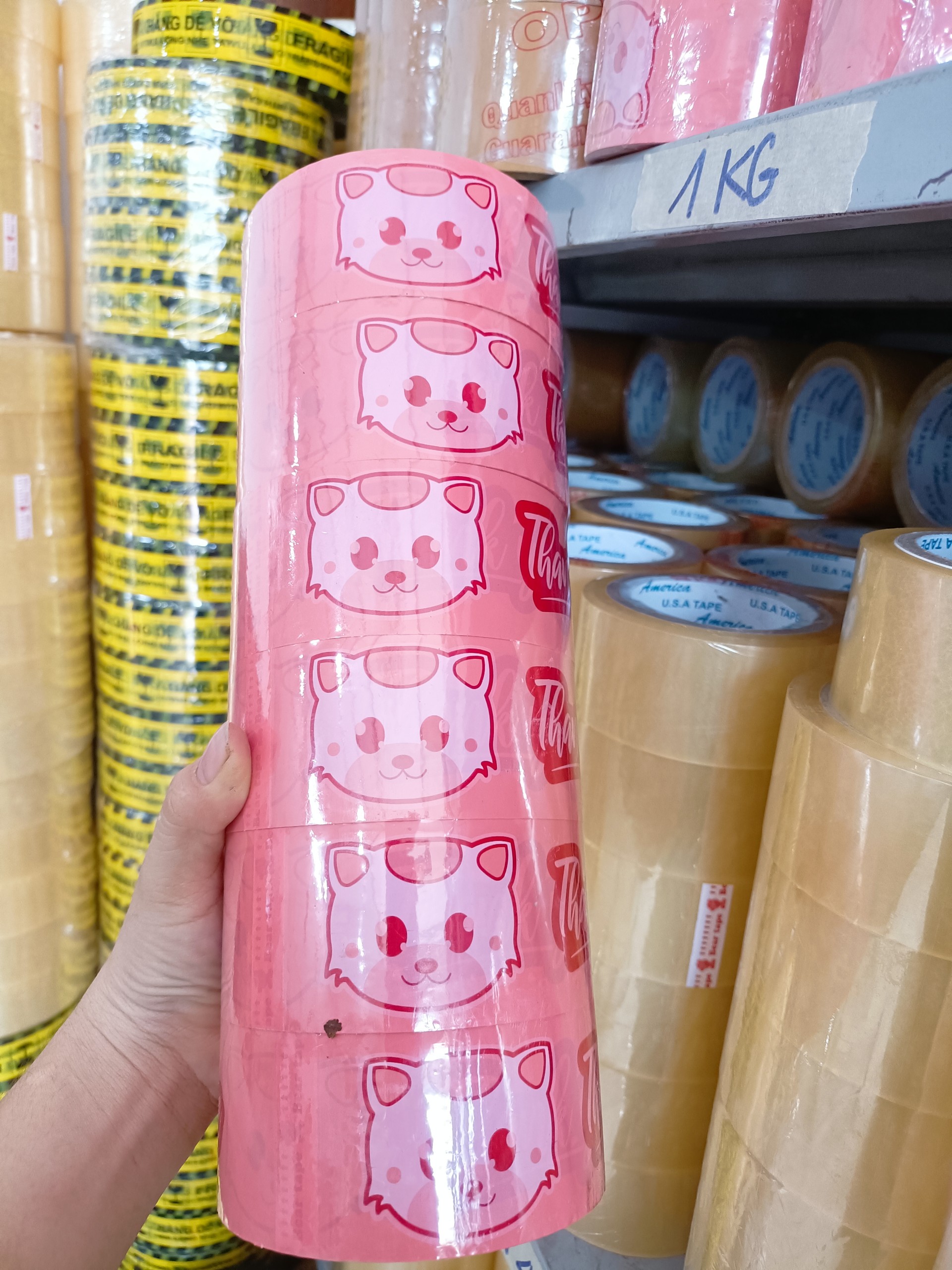 6 cuộn băng keo in hình mèo kèm chữ Thank you màu cam sữa