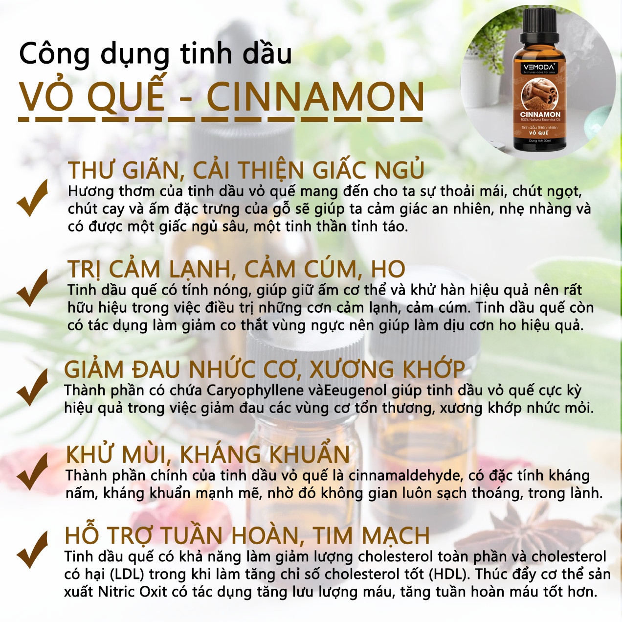 Tinh dầu Vỏ quế cao cấp. Cinnamon Essential Oil. Tinh dầu xông phòng giúp khử mùi, khử khuẩn, giúp giữ ấm, hỗ trợ giảm cân. Tinh dầu thơm phòng cao cấp Vemoda