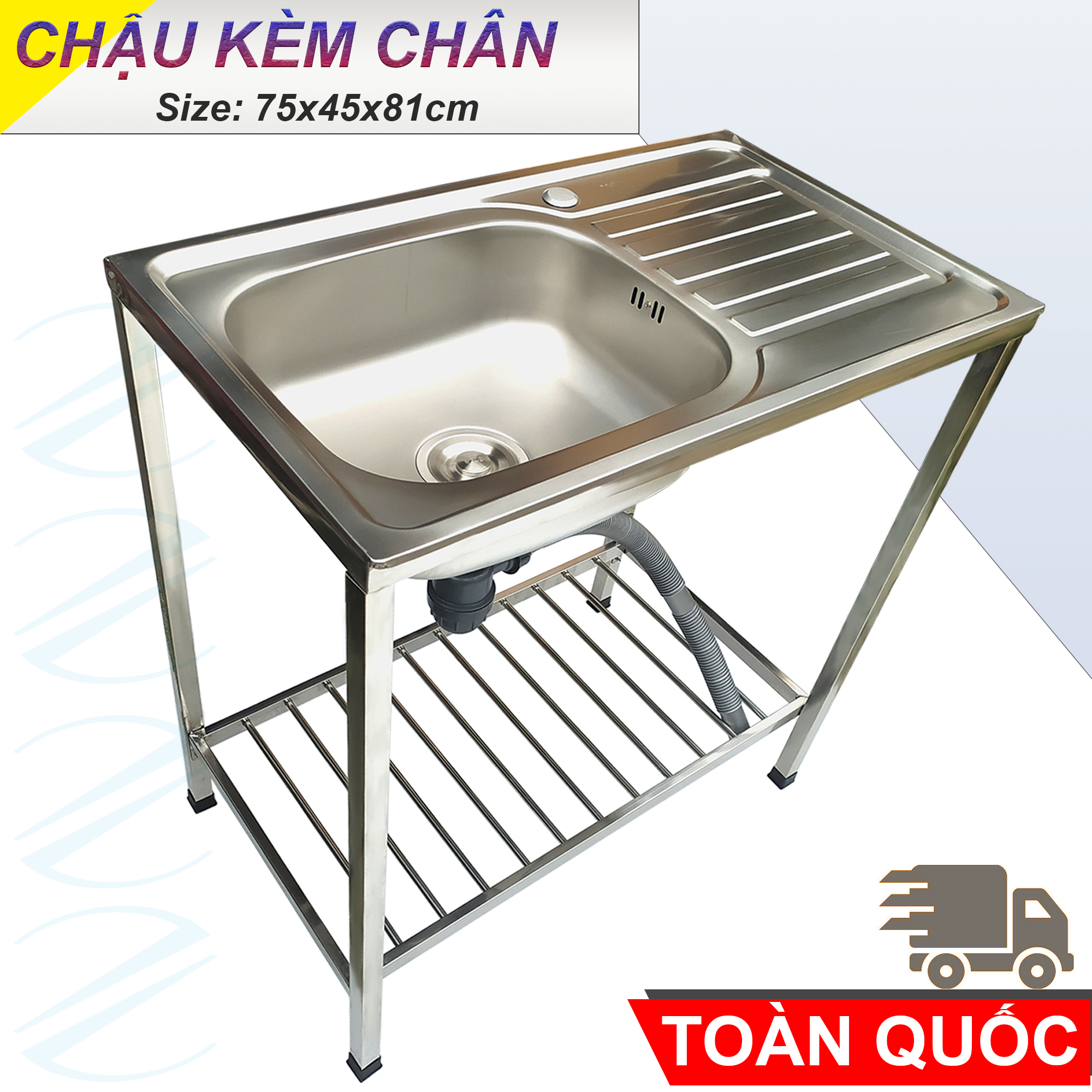 COMBO Chậu Rửa Chén Bát 1 Hộc 1 Cánh 75x45x81cm Có Chân Kèm Vòi Inox Nước Lạnh KAZTA- Gồm kệ chân, chậu, vòi, bộ xả tặng dây cấp, keo non