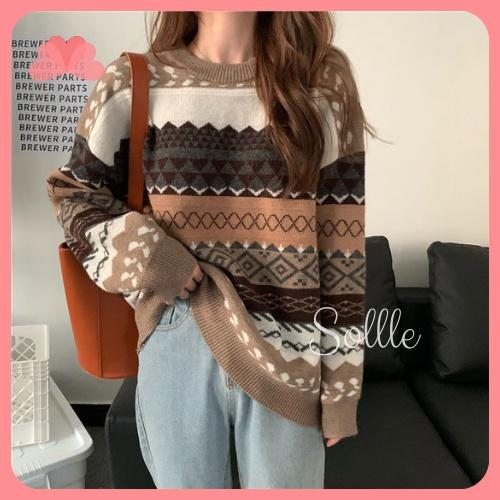 Áo len nữ thổ cẩm vintage dài tay dáng rộng dày ấm Hàn Quốc giá rẻ Sollle 2021